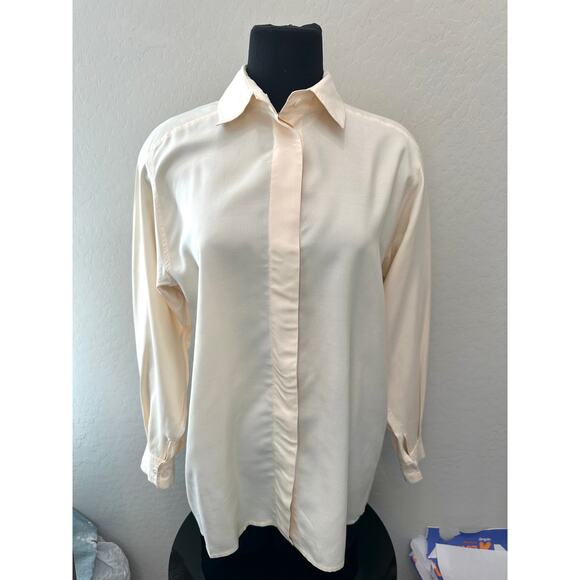 HALSTON III 100% Silk Cream Blouse Vintage Hong Kong Minimalist Shirt | Size 12 - Picture 2 of 6